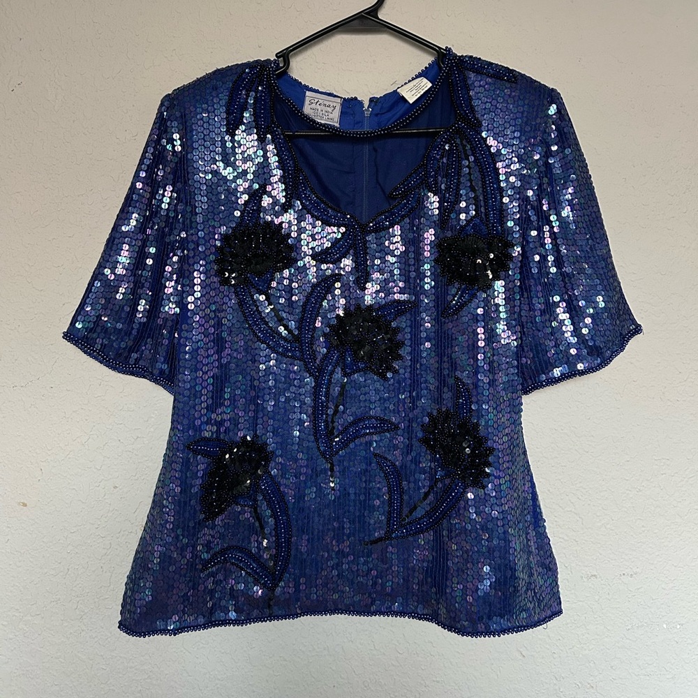 Vintage Sténay cobalt blue floral sequin 80s blouse